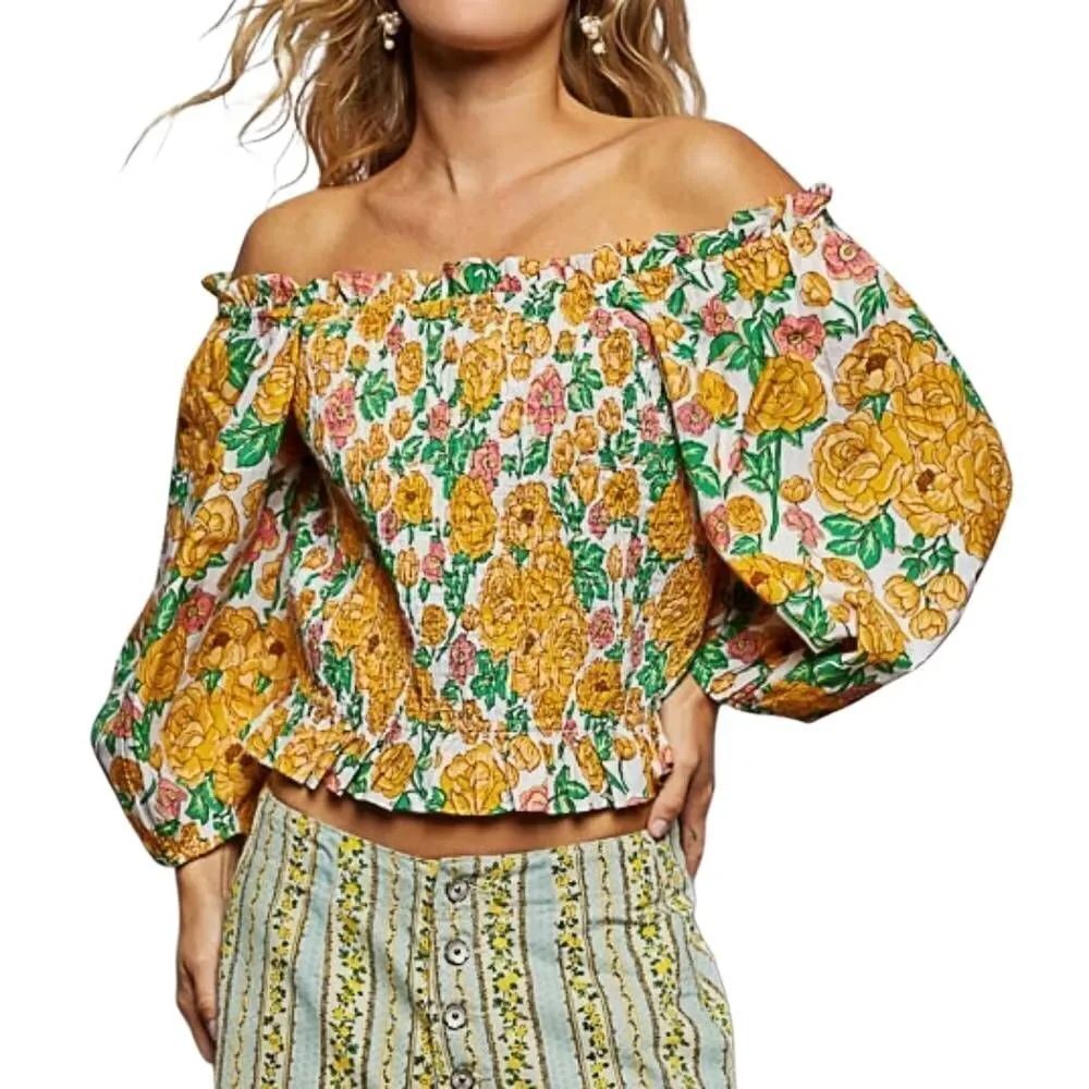 Last Day ◇ POL Women's Smocked Floral Off-Shoulder Top Yellow sz L